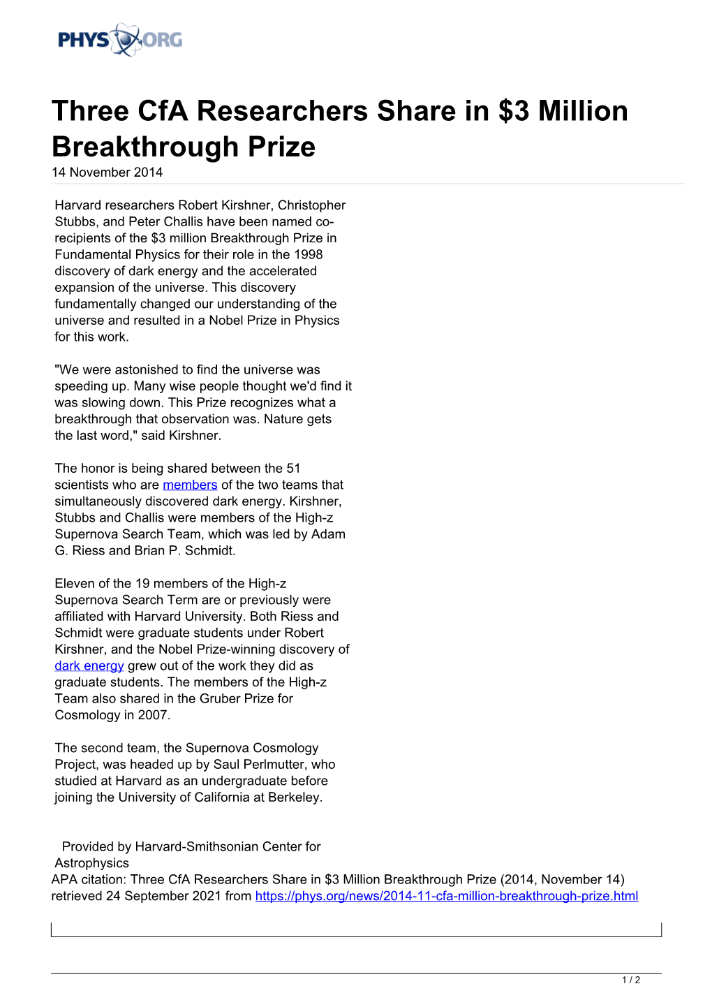 Three Cfa Researchers Share in $3 Million Breakthrough Prize 14 November 2014