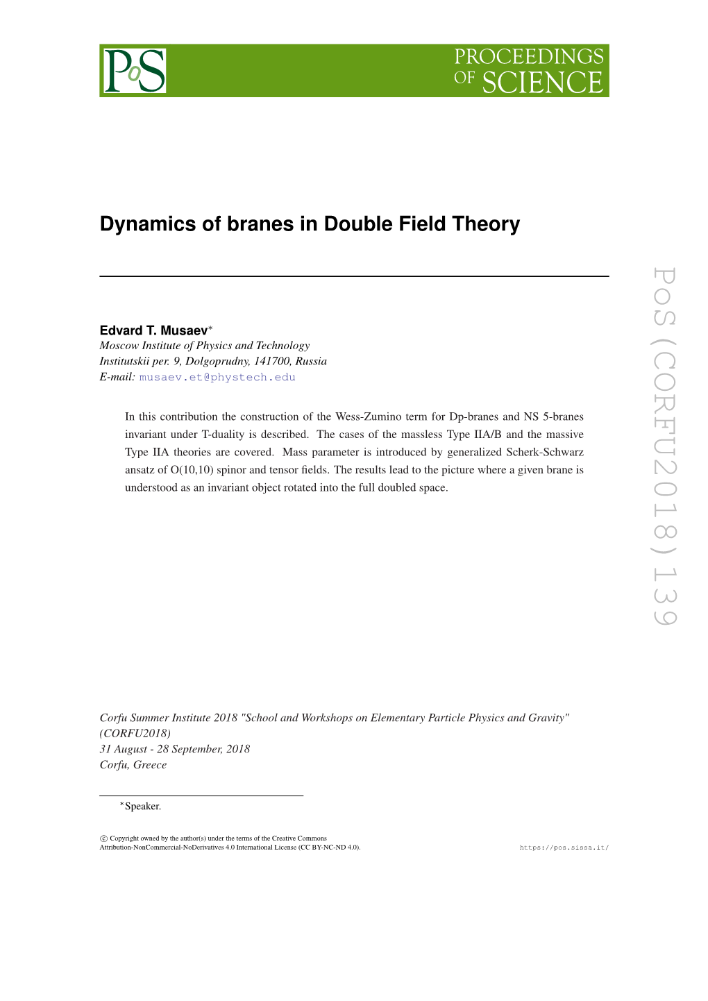 Dynamics of Branes in Double Field Theory Pos(CORFU2018)139 · -Brane 2 2 , Which ) D ]