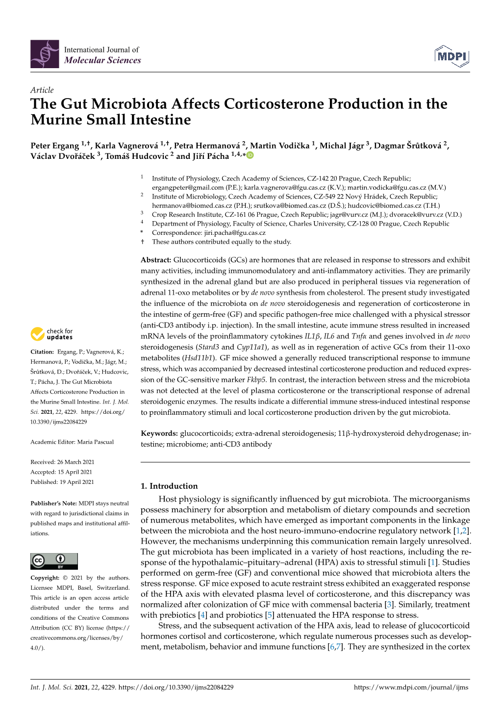 The Gut Microbiota Affects Corticosterone Production in the Murine Small Intestine