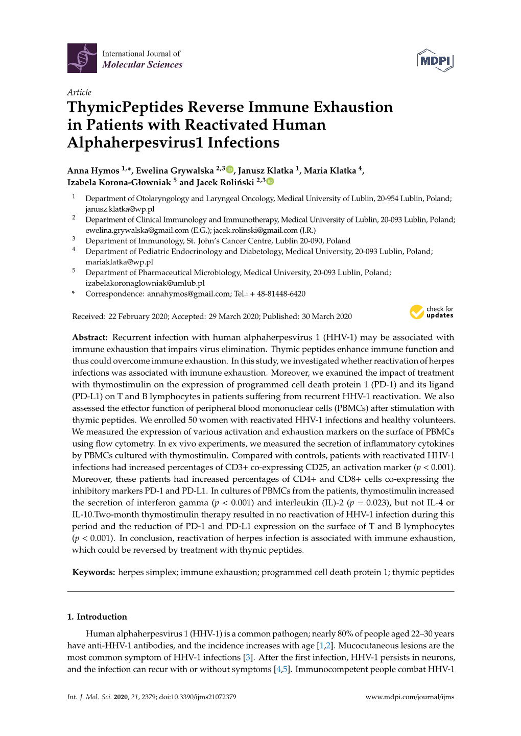 Thymicpeptides Reverse Immune Exhaustion in Patients with Reactivated Human Alphaherpesvirus1 Infections