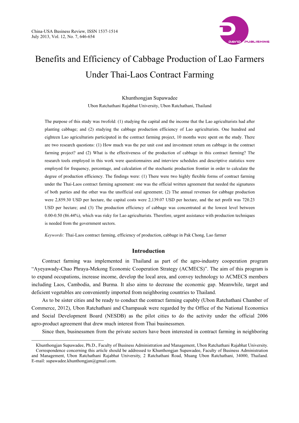 Benefits and Efficiency of Cabbage Production of Lao Farmers Under Thai-Laos Contract Farming