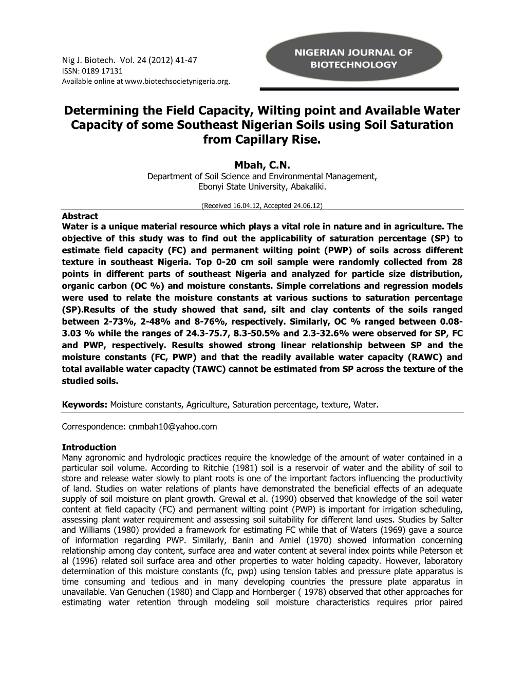 Determining the Field Capacity, Wilting Point and Available Water Capacity of Some Southeast Nigerian Soils Using Soil Saturation from Capillary Rise