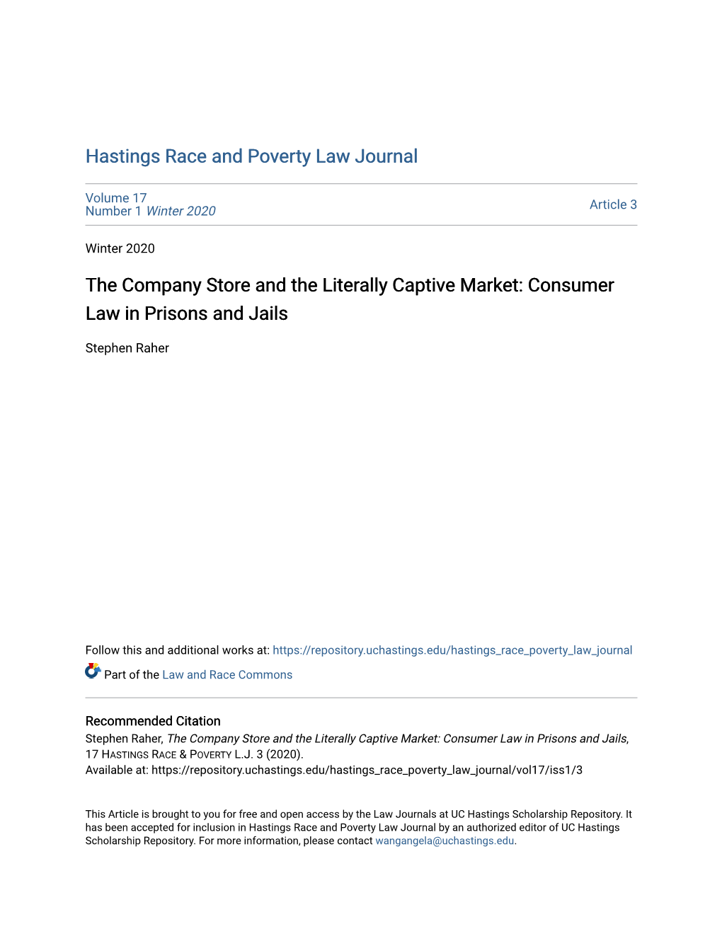 The Company Store and the Literally Captive Market: Consumer Law in Prisons and Jails