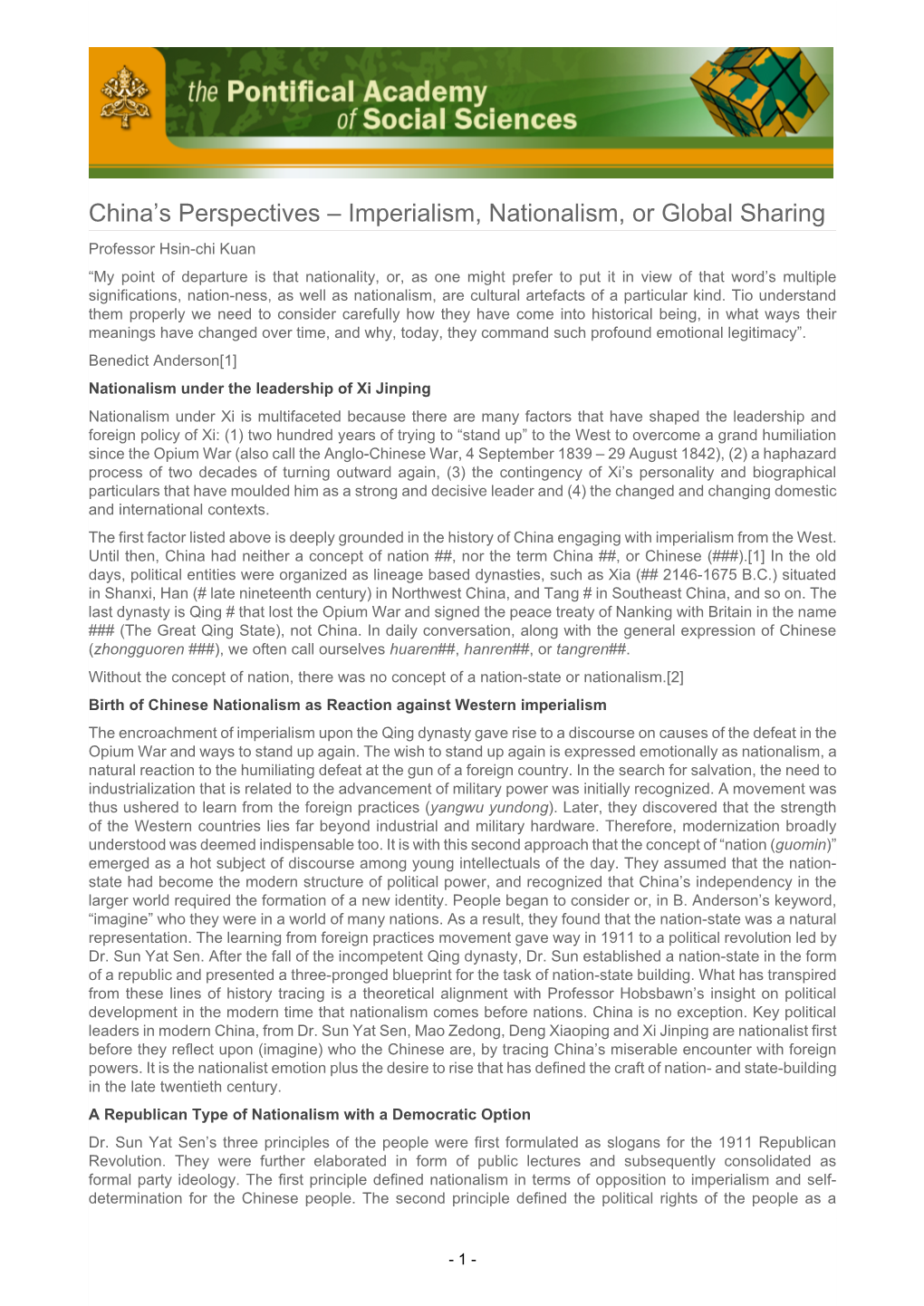 China's Perspectives – Imperialism, Nationalism, Or Global Sharing