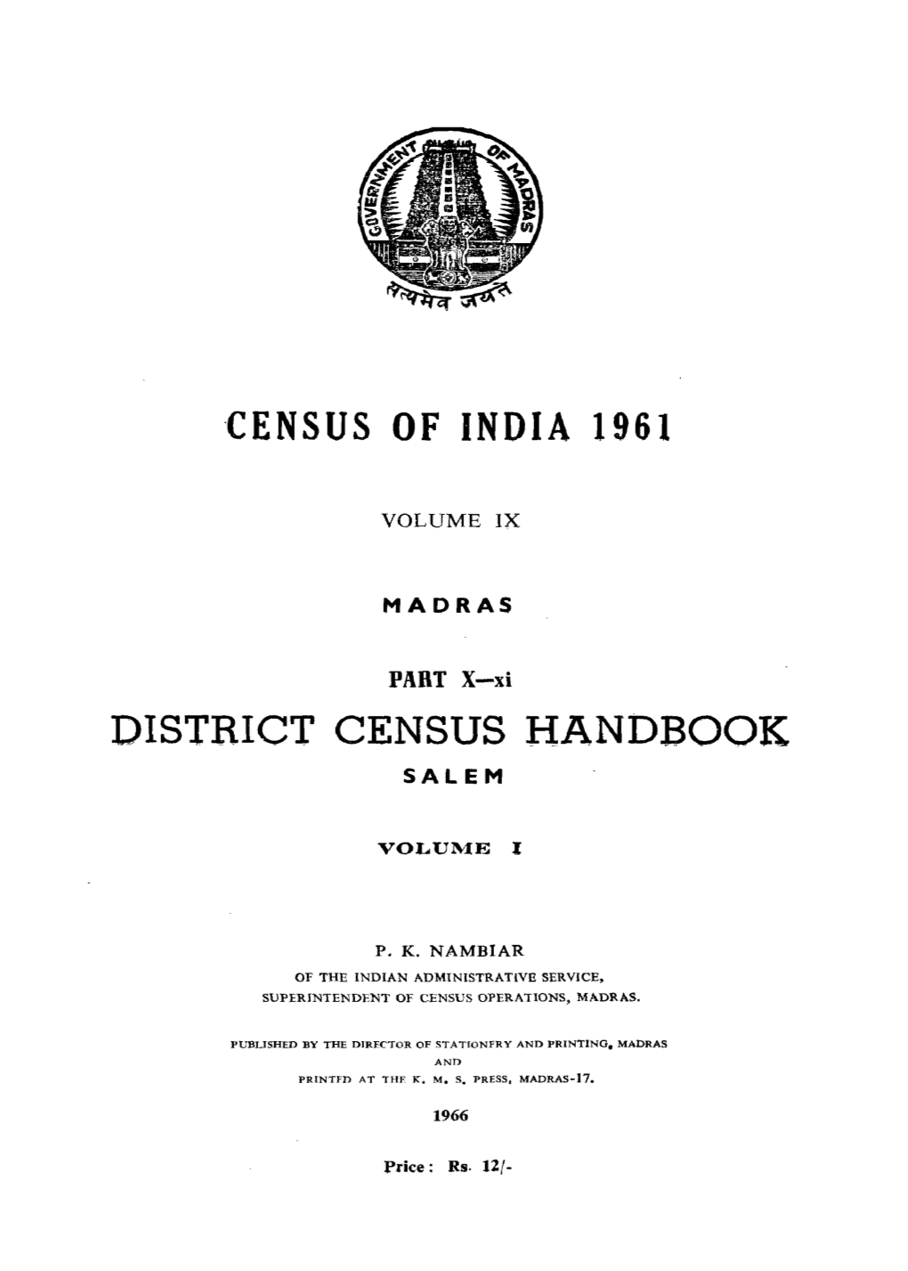 Madras- District Census Handbook, Salem, Part X-XI, Vol-I, Vol-IX