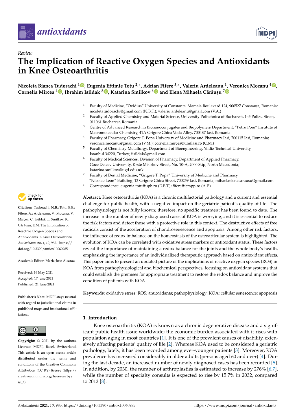 The Implication of Reactive Oxygen Species and Antioxidants in Knee Osteoarthritis