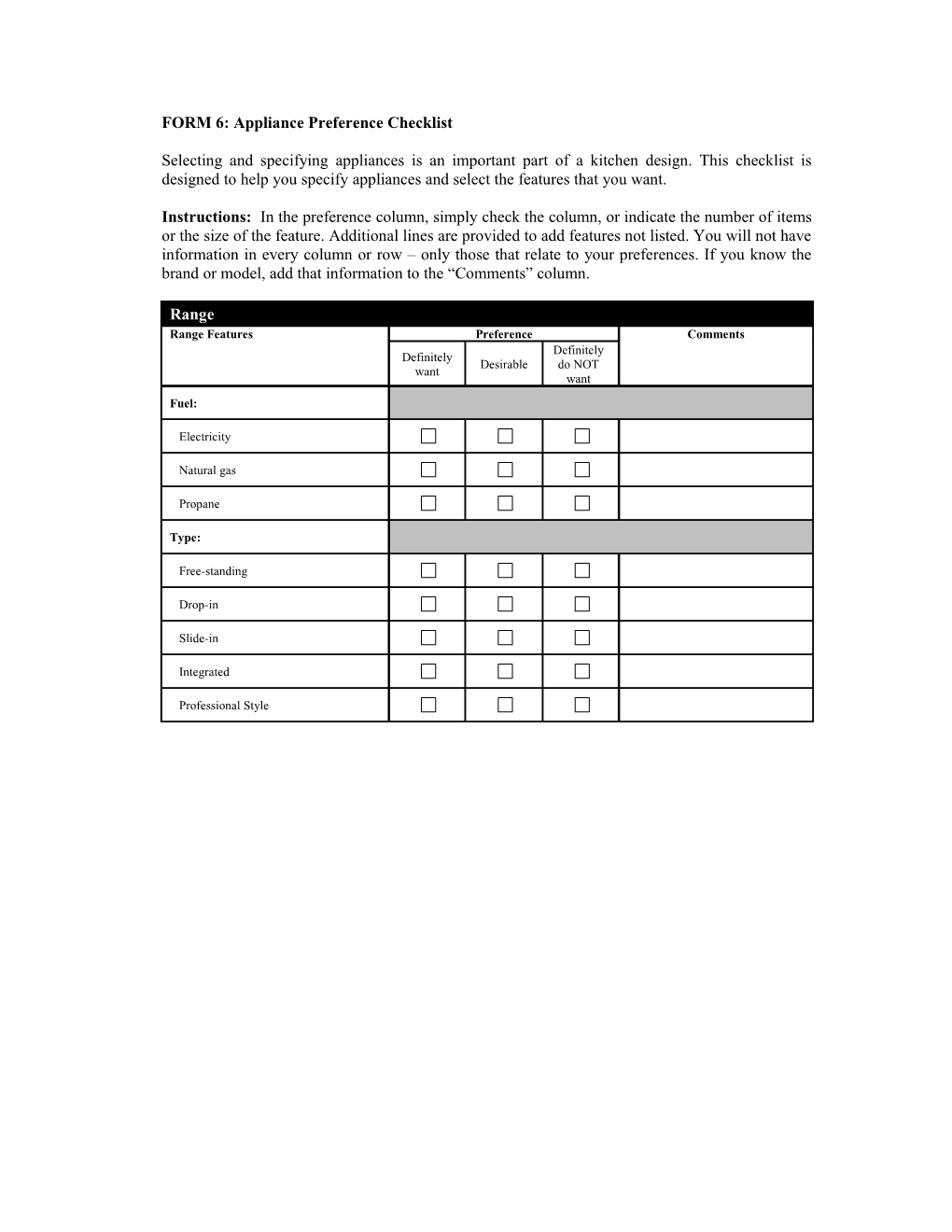 FORM 6: Appliance Preference Checklist