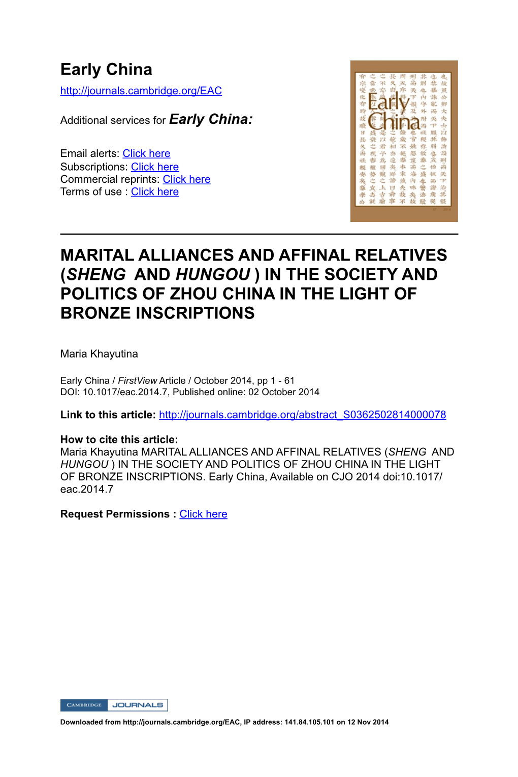 Early China MARITAL ALLIANCES and AFFINAL RELATIVES