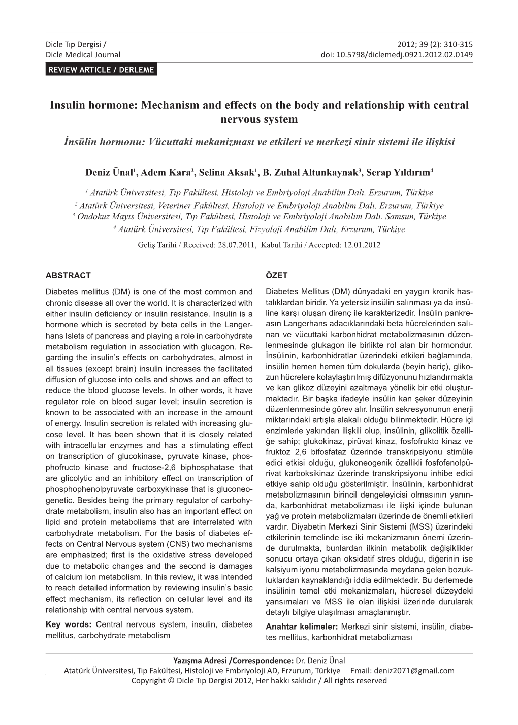 Insulin Hormone: Mechanism and Effects on the Body and Relationship with Central Nervous System