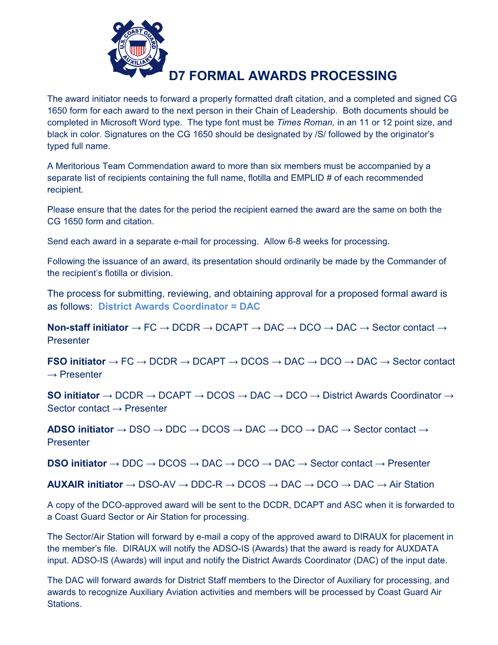 D7 Formal Awards Processing