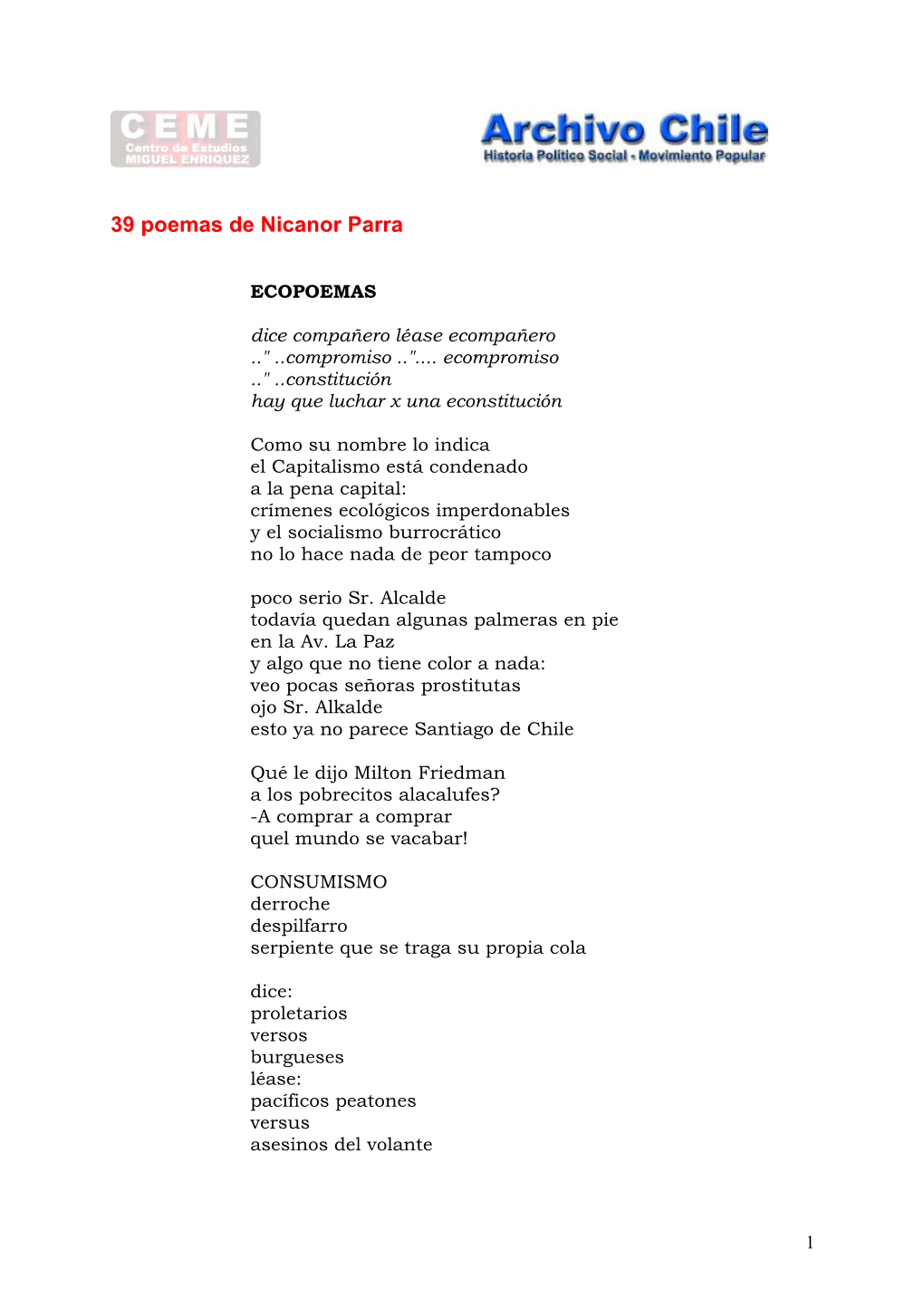 39 Poemas De Nicanor Parra