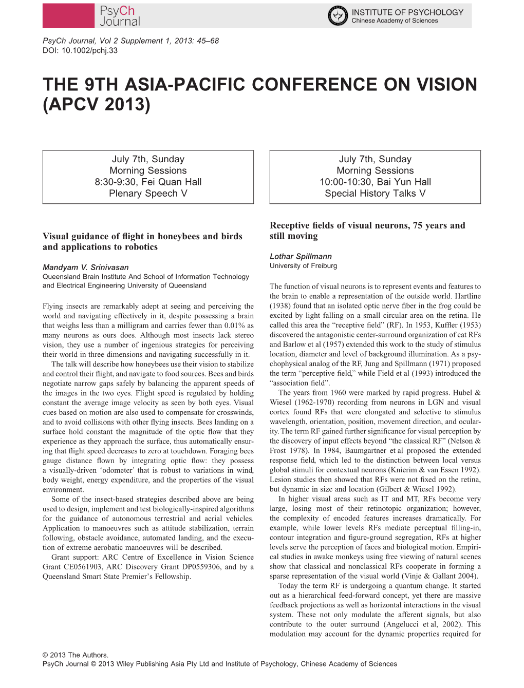 The 9Th Asia-Pacific Conference on Vision (Apcv 2013)