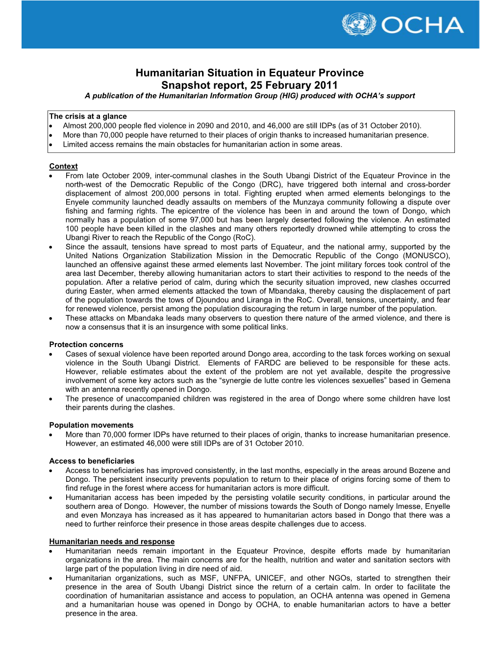 Humanitarian Situation in Equateur Province Snapshot Report, 25 February 2011 a Publication of the Humanitarian Information Group (HIG) Produced with OCHA’S Support