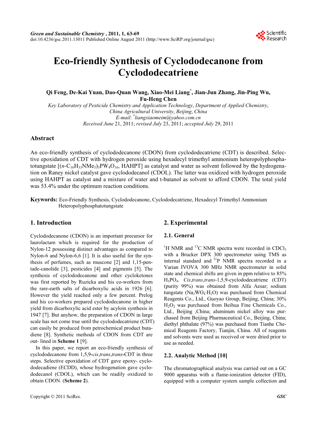Eco-Friendly Synthesis of Cyclododecanone from Cyclododecatriene