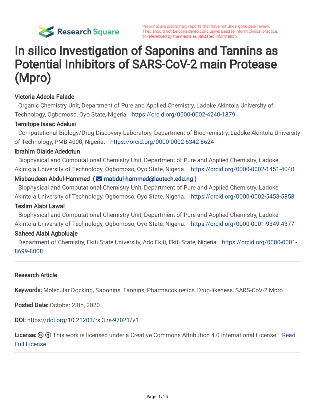 In Silico Investigation of Saponins and Tannins As Potential Inhibitors of SARS-Cov-2 Main Protease (Mpro)