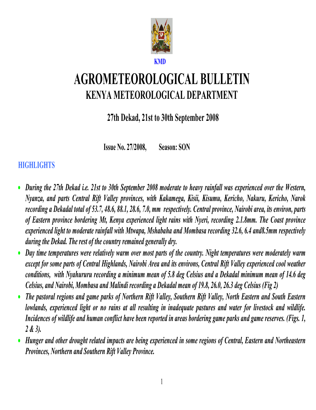 Agrometeorological Bulletin Kenya Meteorological Department