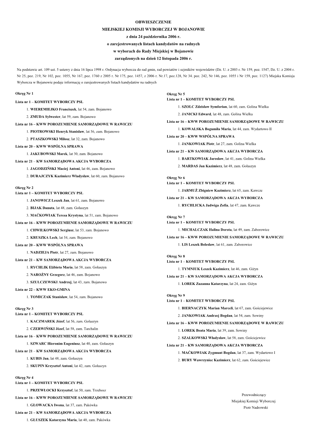 OBWIESZCZENIE MIEJSKIEJ KOMISJI WYBORCZEJ W BOJANOWIE Z Dnia 24 Października 2006 R. O Zarejestrowanych Listach Kandydatów Na