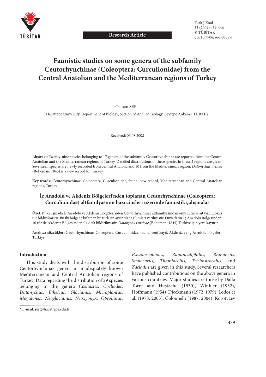 Faunistic Studies on Some Genera of the Subfamily Ceutorhynchinae (Coleoptera: Curculionidae) from the Central Anatolian and the Mediterranean Regions of Turkey