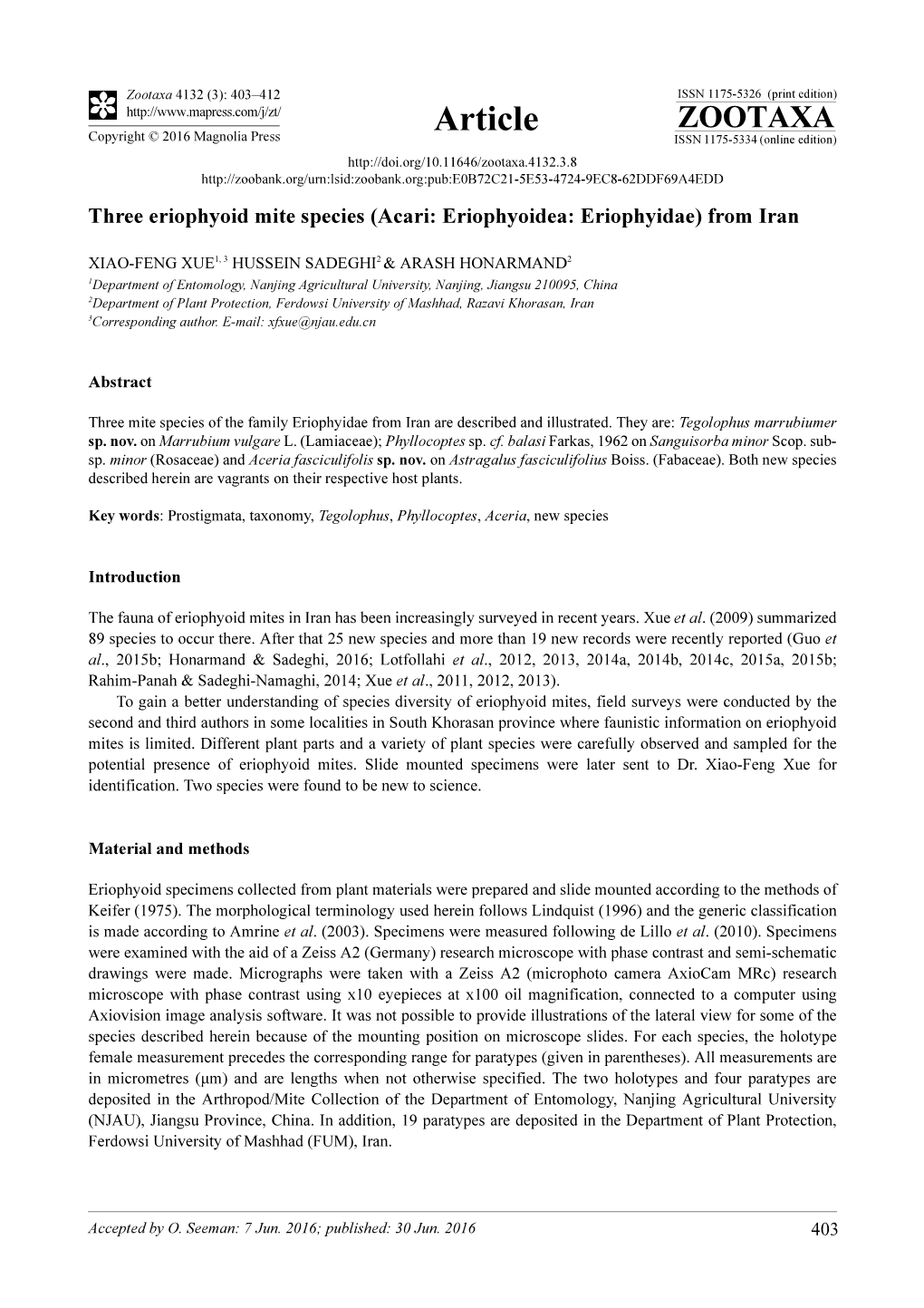 Three Eriophyoid Mite Species (Acari: Eriophyoidea: Eriophyidae) from Iran