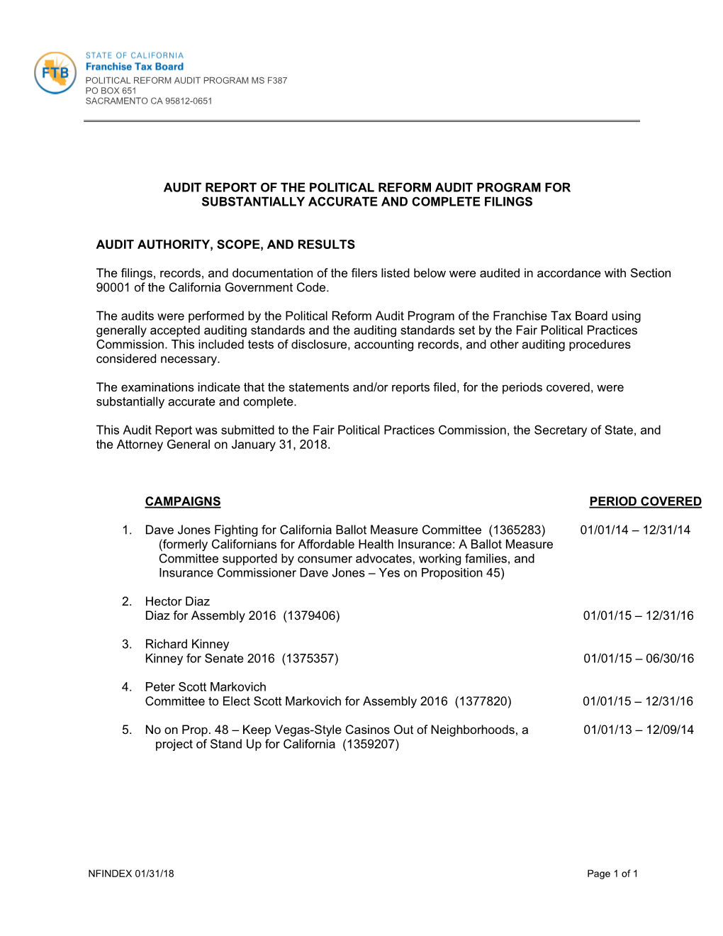 Audit Report of the Political Reform Audit Program for Substantially Accurate and Complete Filings