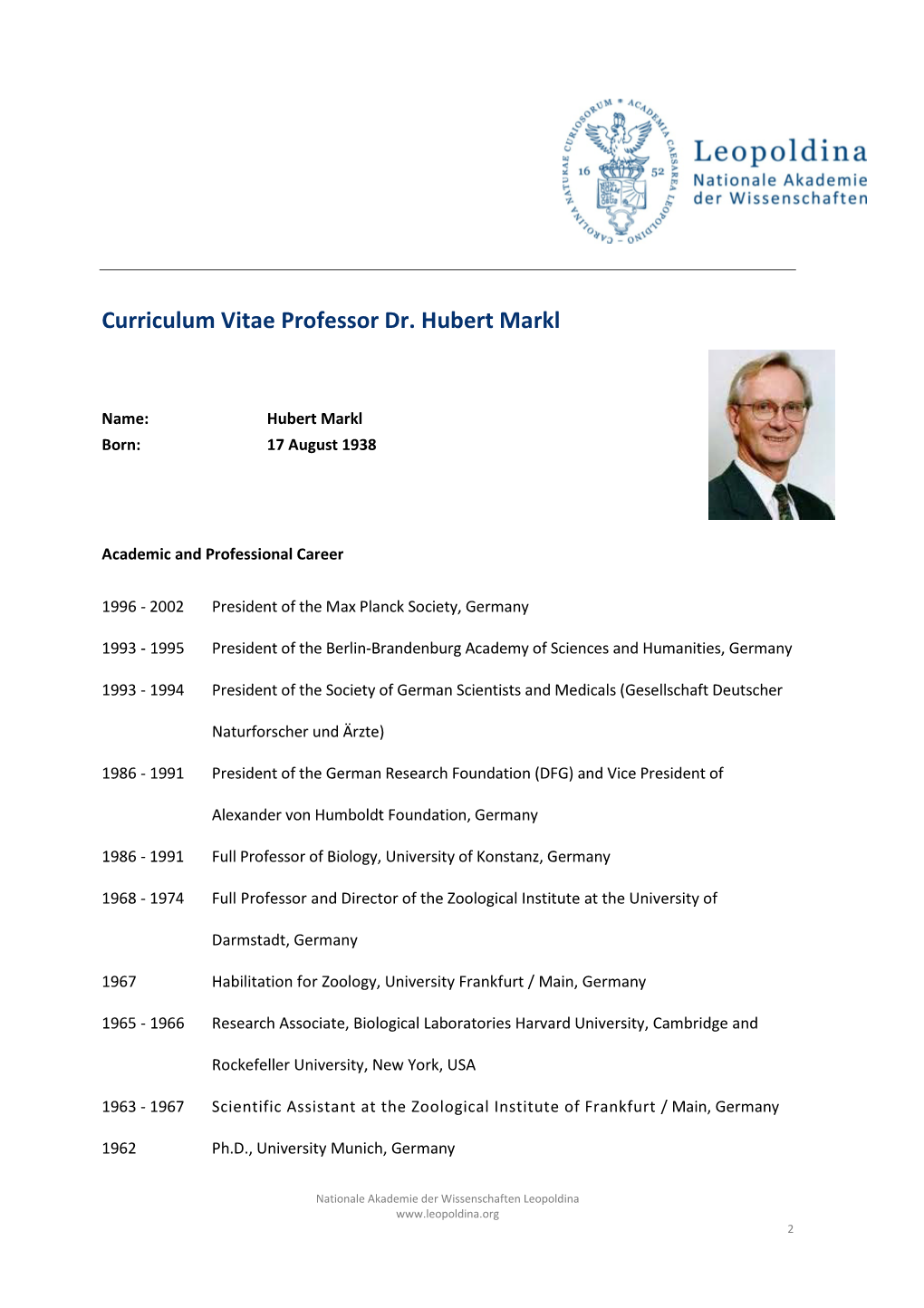 Curriculum Vitae Professor Dr. Hubert Markl