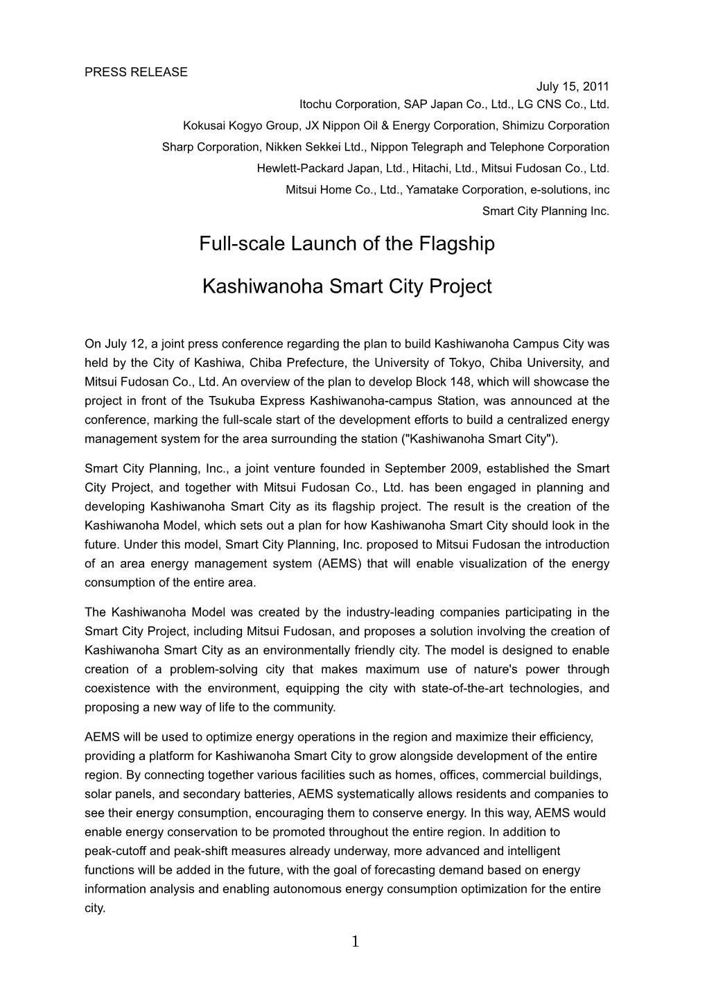 Full-Scale Launch of the Flagship Kashiwanoha Smart City Project