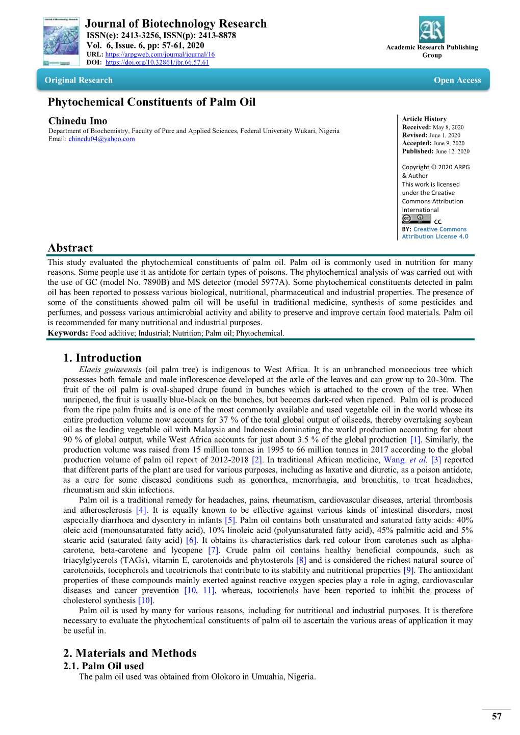 Journal of Biotechnology Research Phytochemical Constituents of Palm