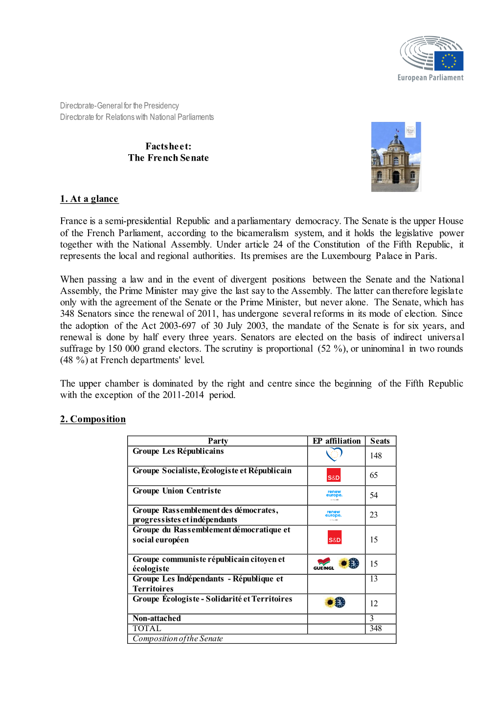 Factsheet: the French Senate 1. at a Glance France Is a Semi