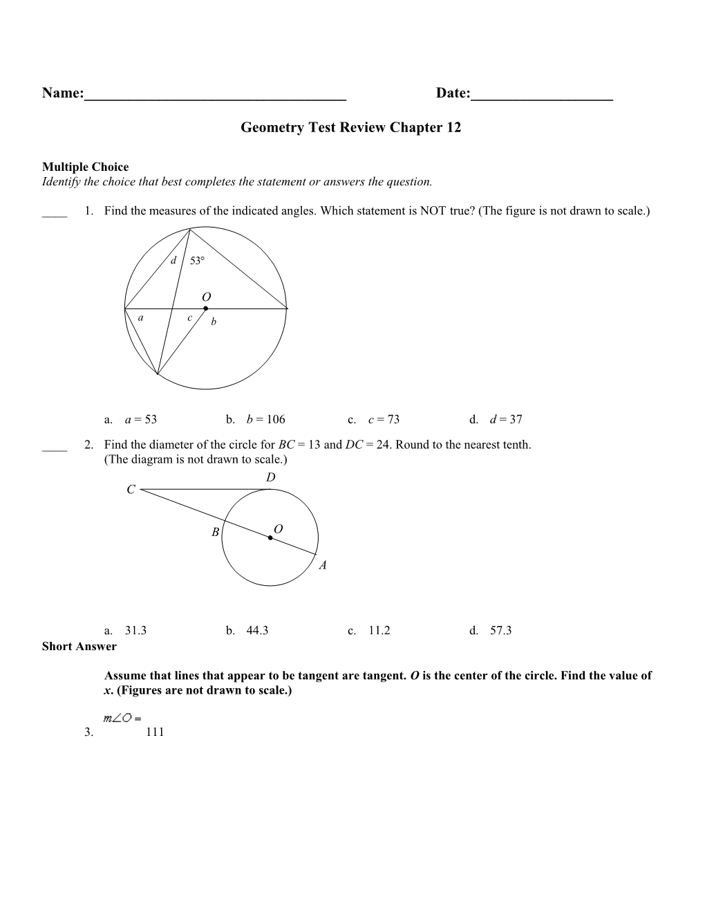 Geometry Test Review Chapter 12