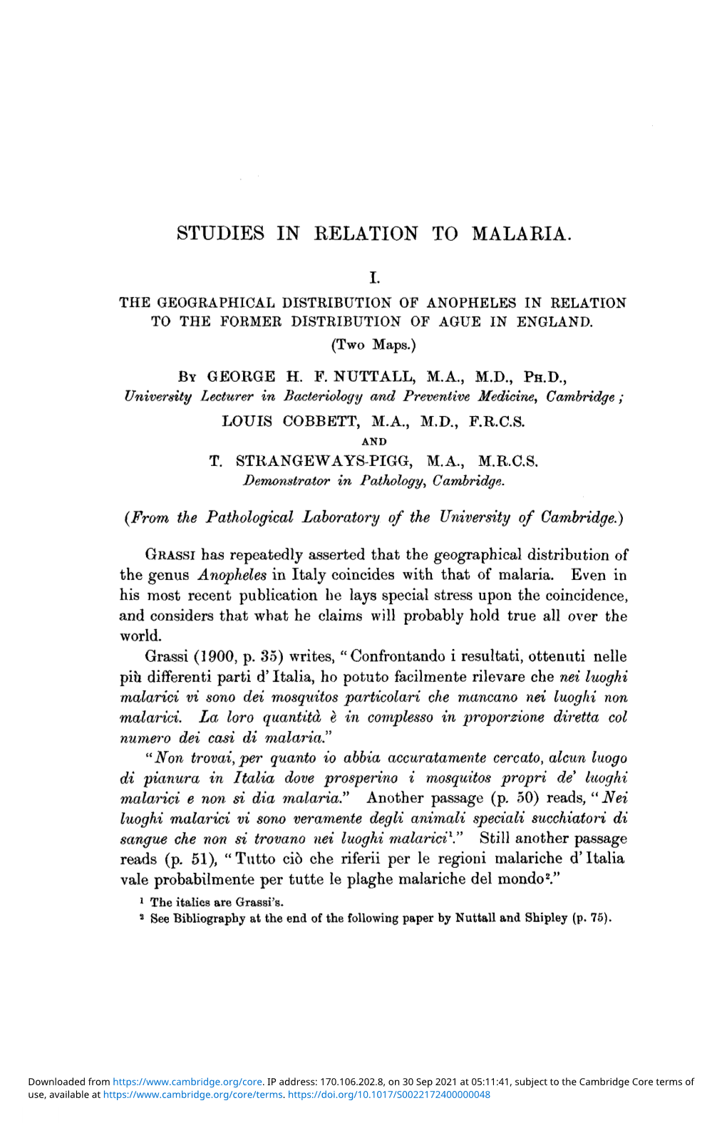 Studies in Relation to Malaria