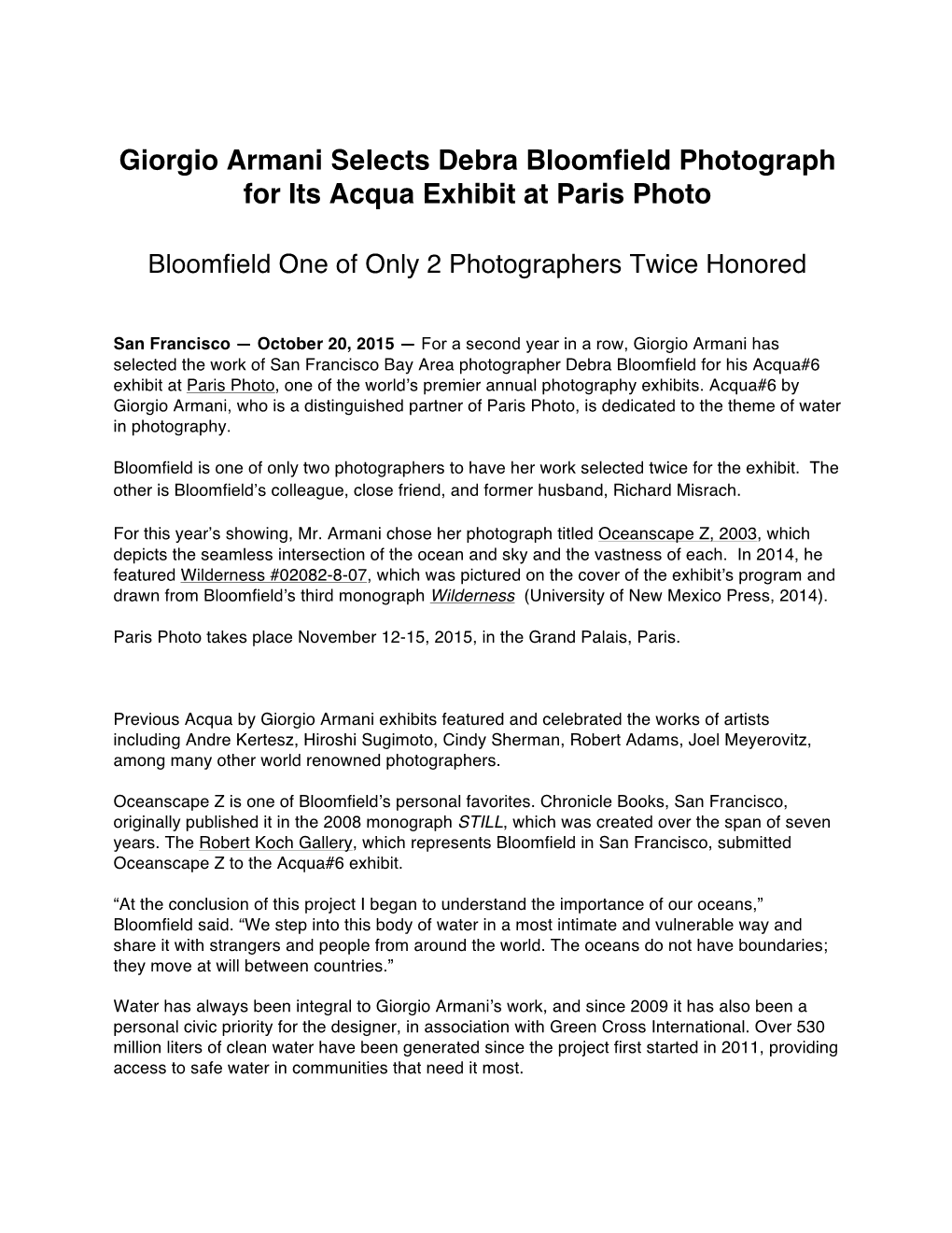 Giorgio Armani Selects Debra Bloomfield Photograph for Its Acqua Exhibit at Paris Photo