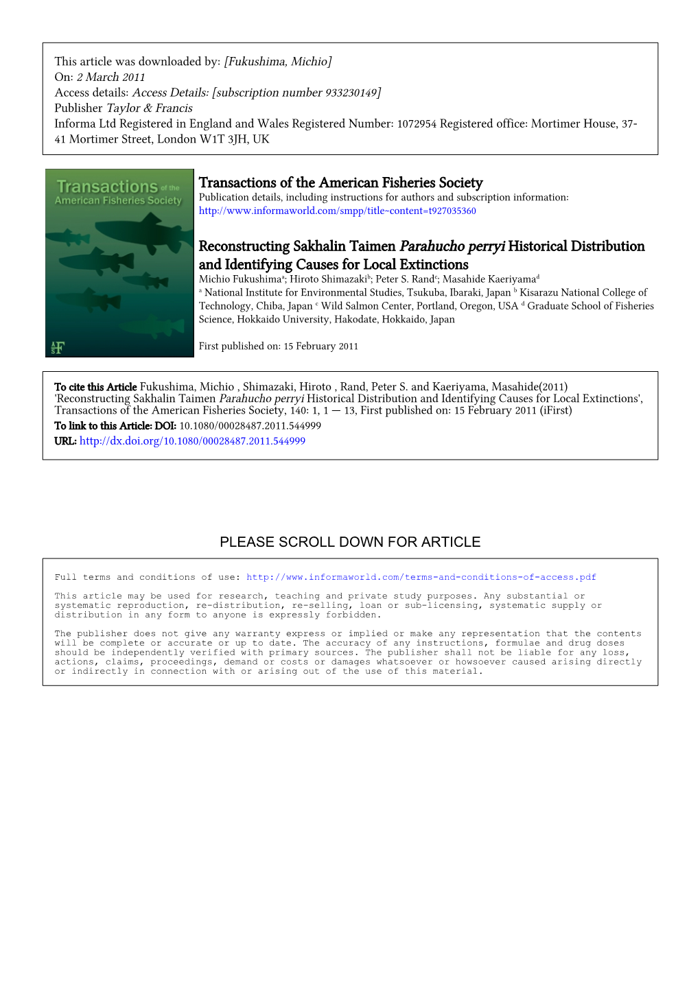 Transactions of the American Fisheries Society Reconstructing