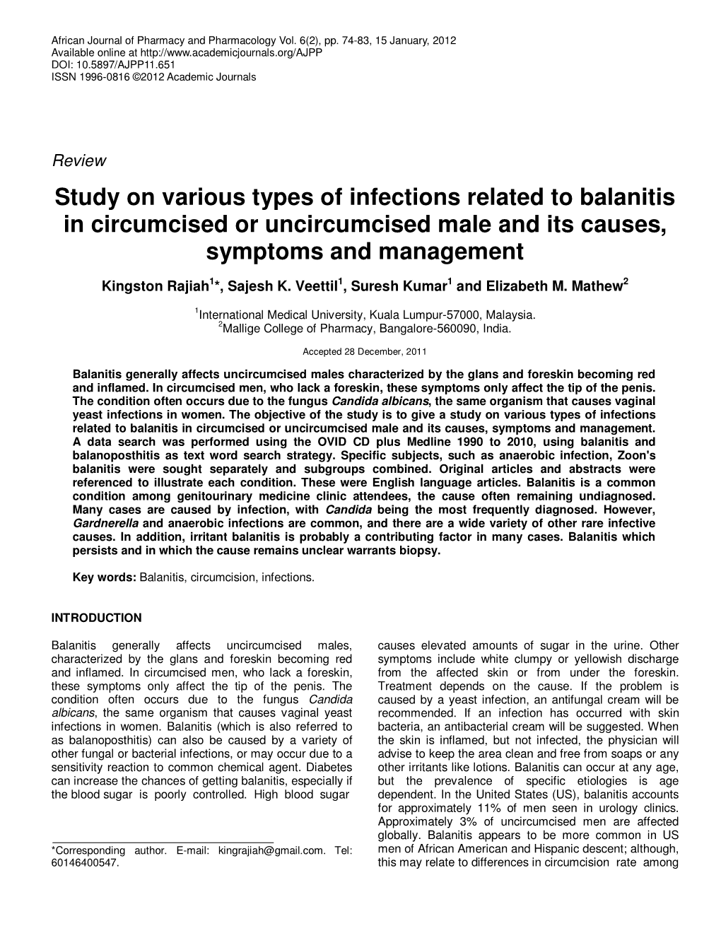 Study on Various Types of Infections Related to Balanitis in Circumcised Or Uncircumcised Male and Its Causes, Symptoms and Management