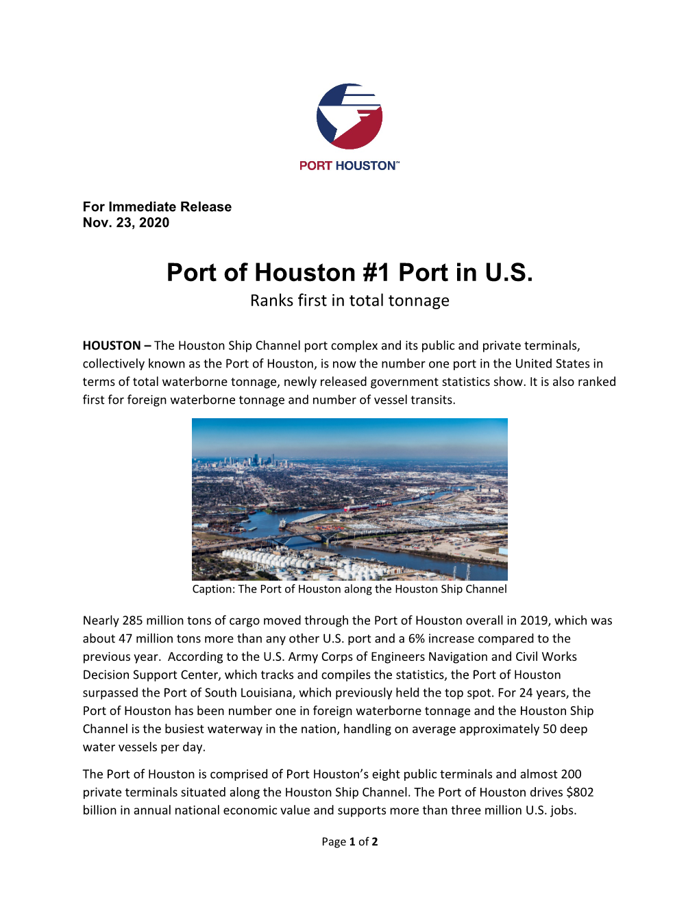 Port of Houston #1 Port in U.S. Ranks First in Total Tonnage