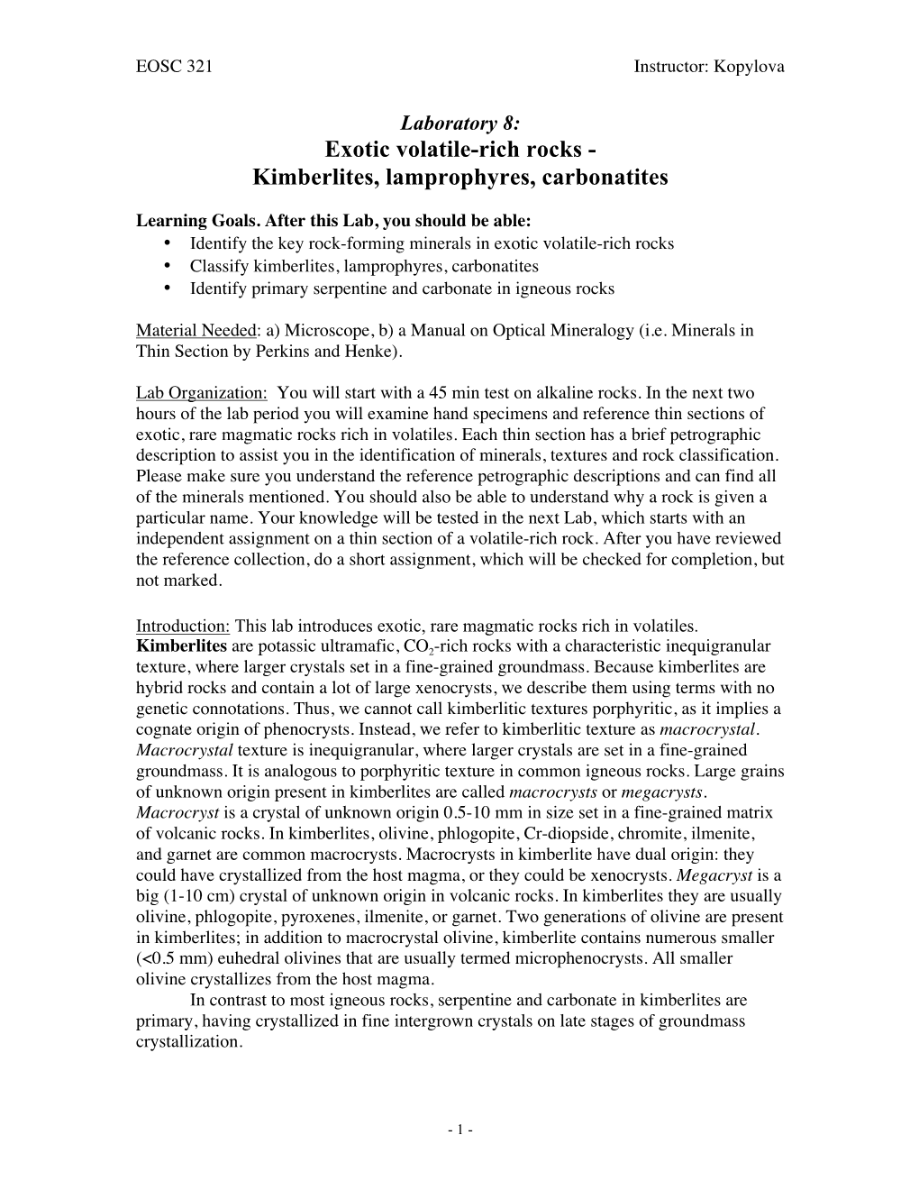 Kimberlites, Lamprophyres, Carbonatites