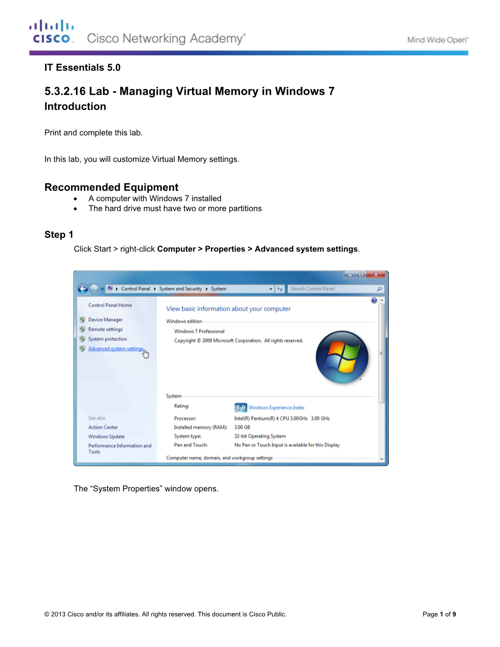 5.3.2.16 Lab - Managing Virtual Memory in Windows 7 Introduction