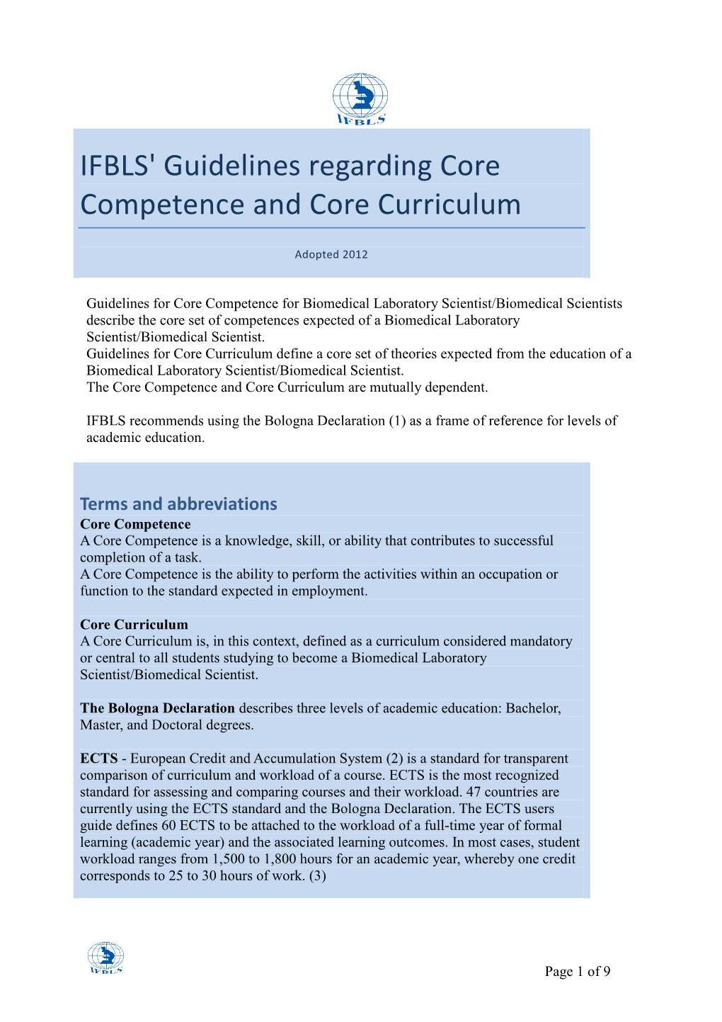 IFBLS' Guidelines Regarding Core Competence and Core Curriculum