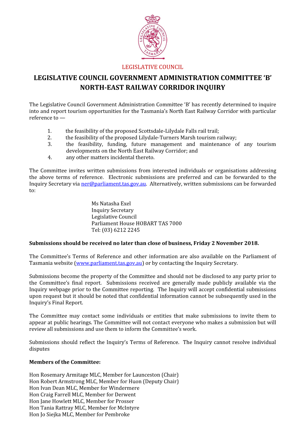 Legislative Council Government Administration Committee ‘B’ North-East Railway Corridor Inquiry