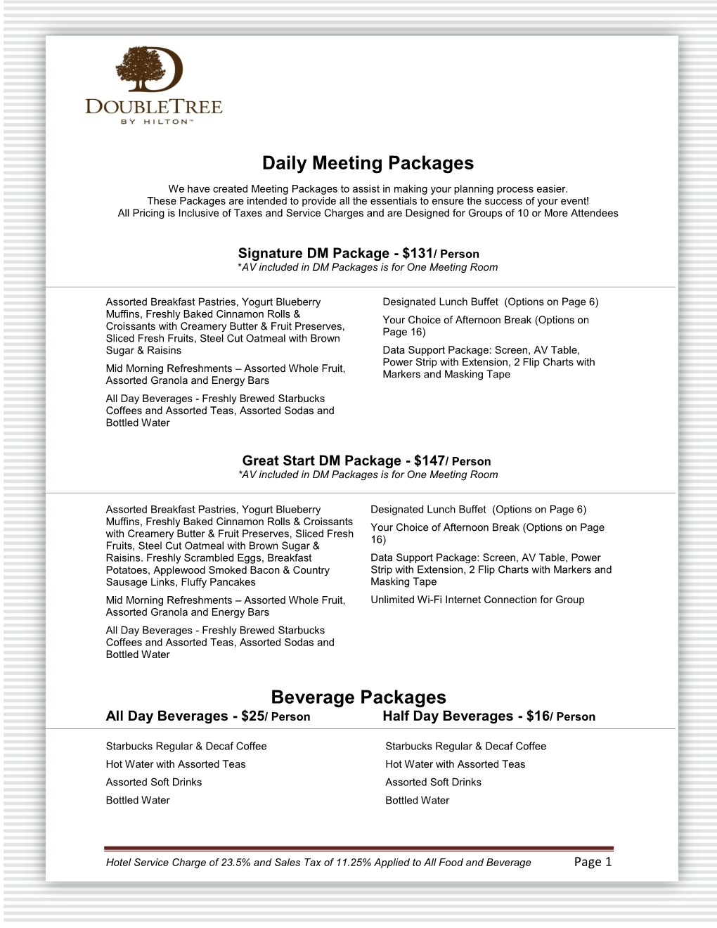 Beverage Packages Daily Meeting Packages