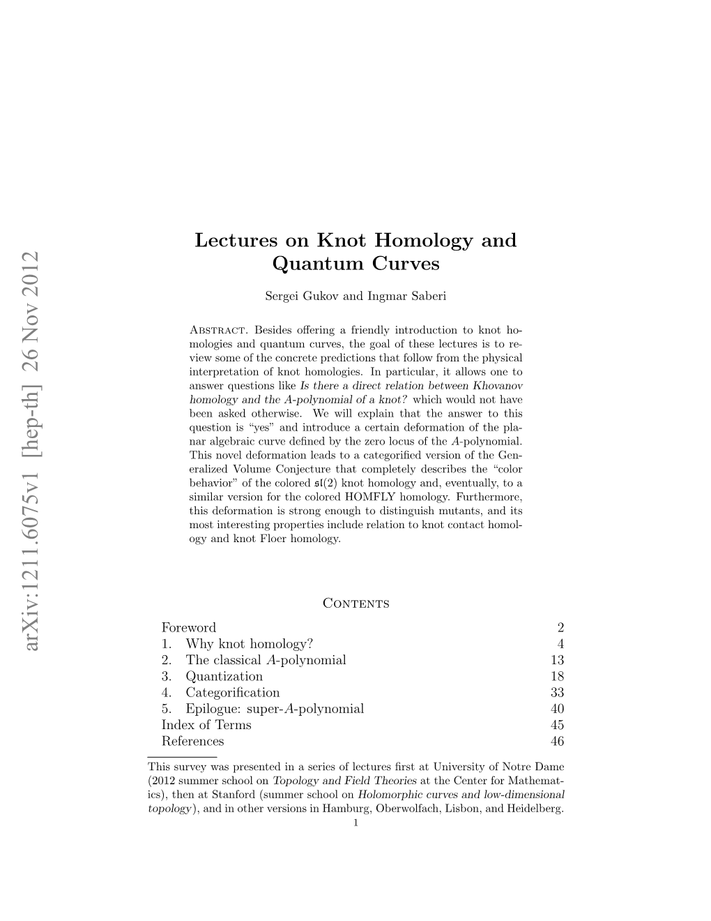 Lectures on Knot Homology and Quantum Curves