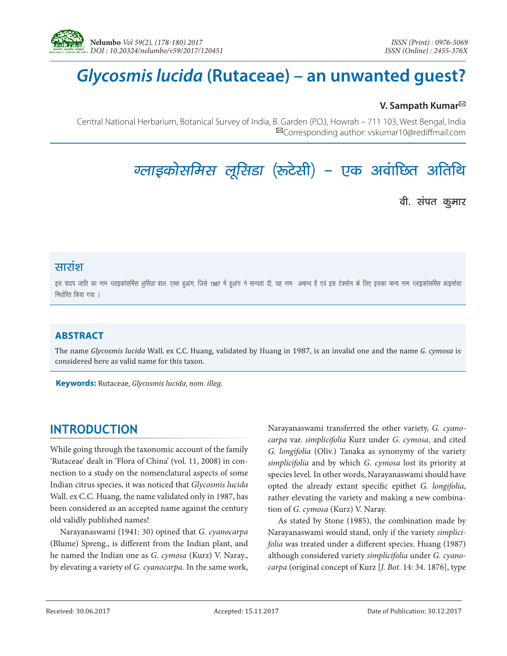 Glycosmis Lucida (Rutaceae) – an Unwanted Guest? Xykbdkslfel Ywflmk ¼:Vslh½ & ,D Voakfnr Vfrffk