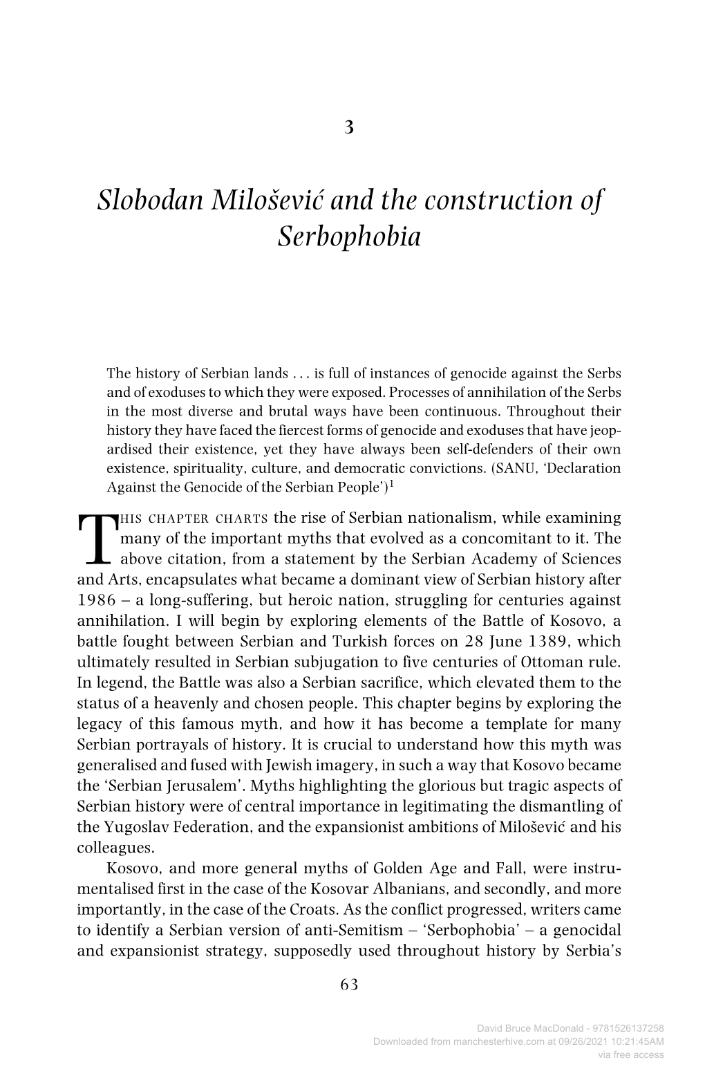 Slobodan Miloševic and the Construction of Serbophobia