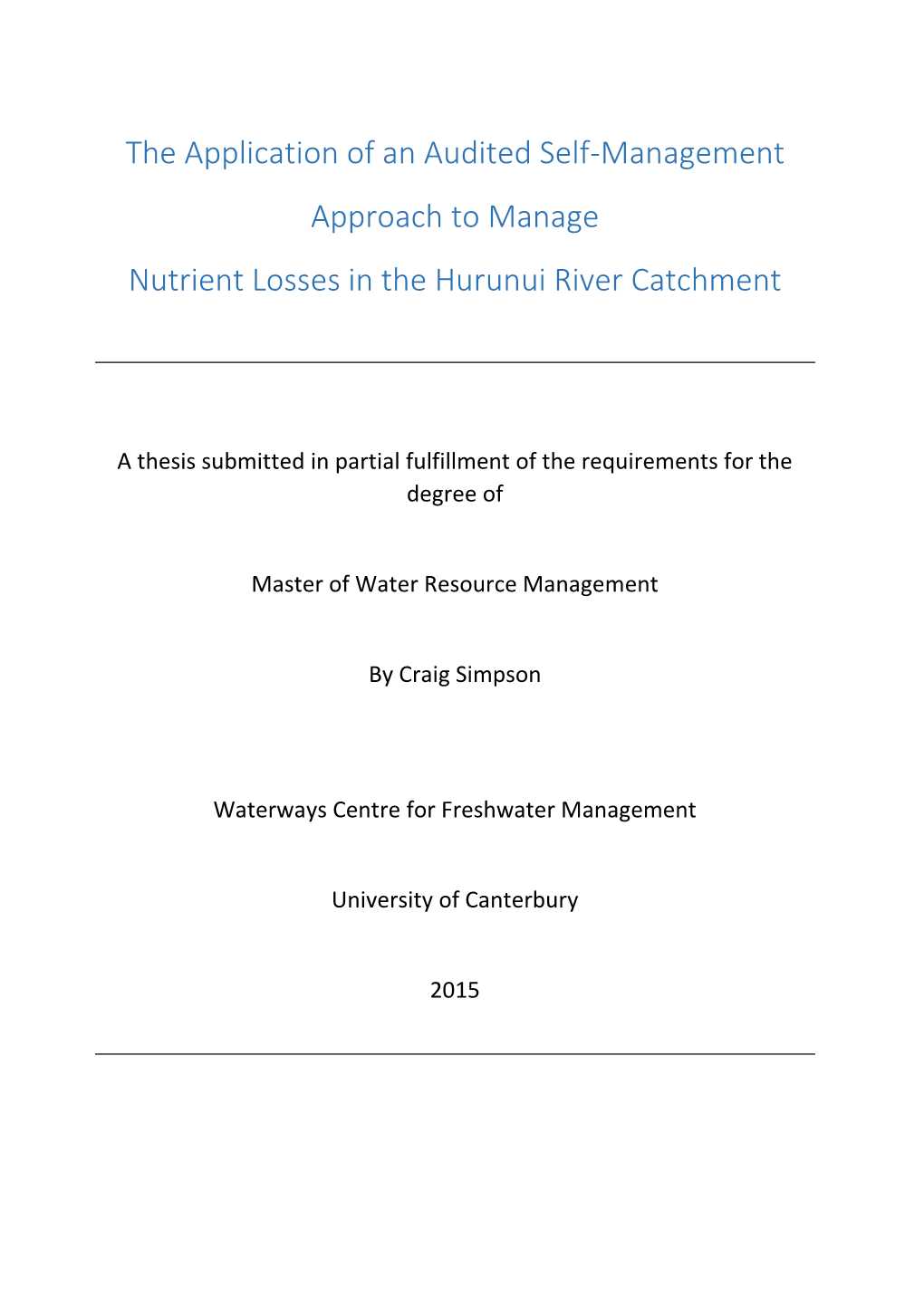 The Application of an Audited Self-Management Approach to Manage Nutrient Losses in the Hurunui River Catchment