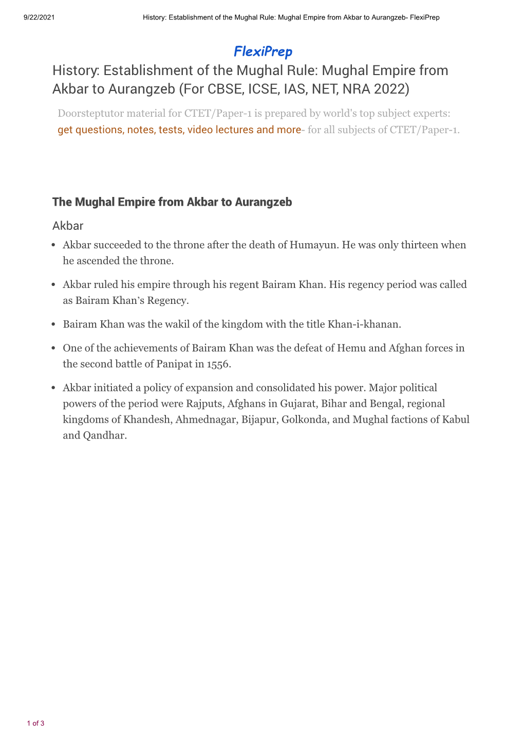 Mughal Empire from Akbar to Aurangzeb- Flexiprep