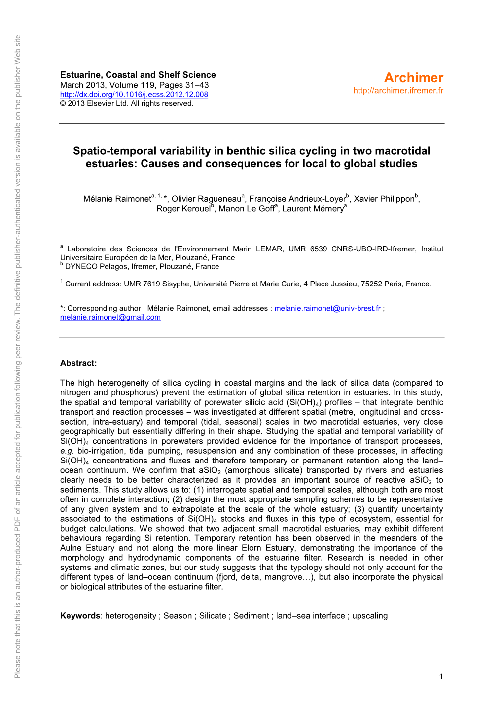 Spatio-Temporal Variability in Benthic Silica Cycling in Two Macrotidal Estuaries