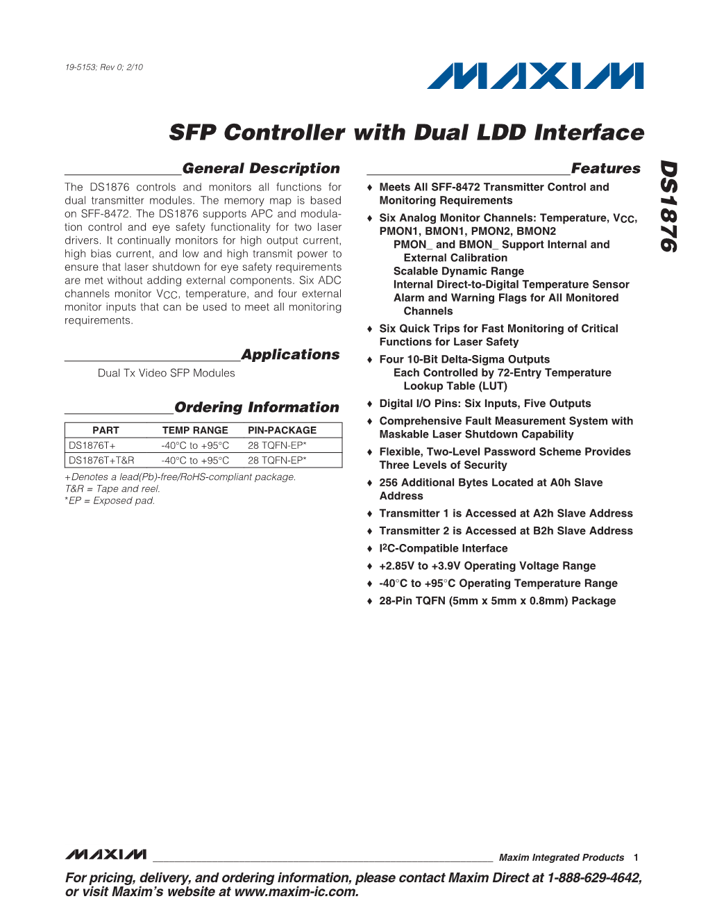 DS1876 SFP Controller with Dual LDD Interface