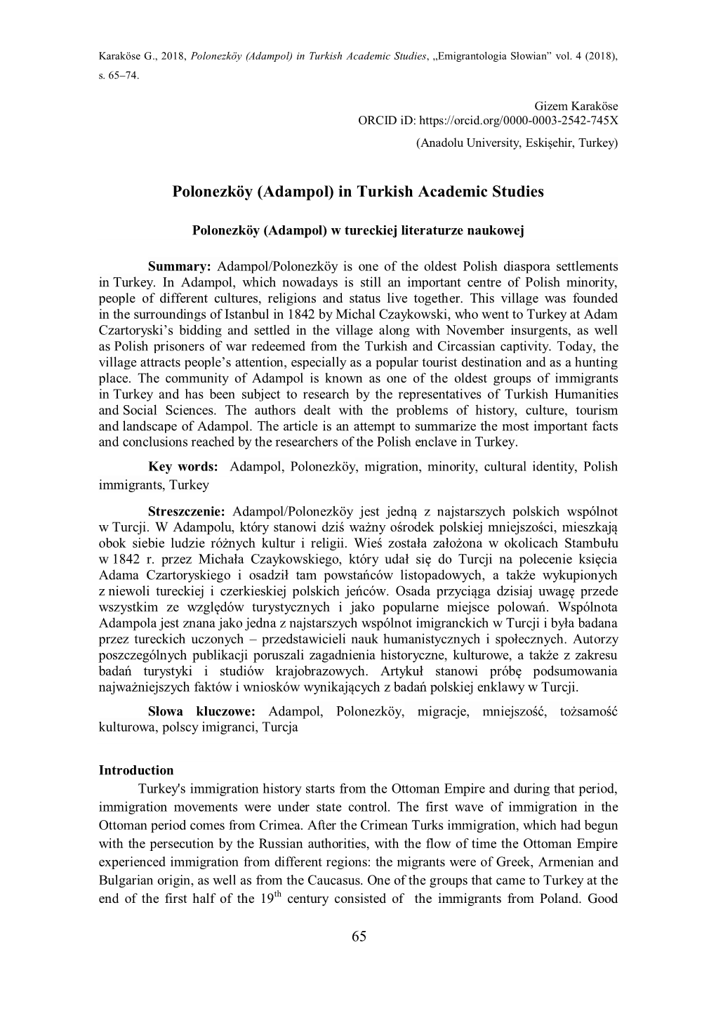 Polonezköy (Adampol) in Turkish Academic Studies, „Emigrantologia Słowian” Vol