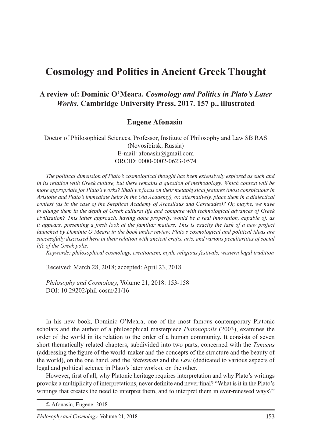 Cosmology and Politics in Ancient Greek Thought