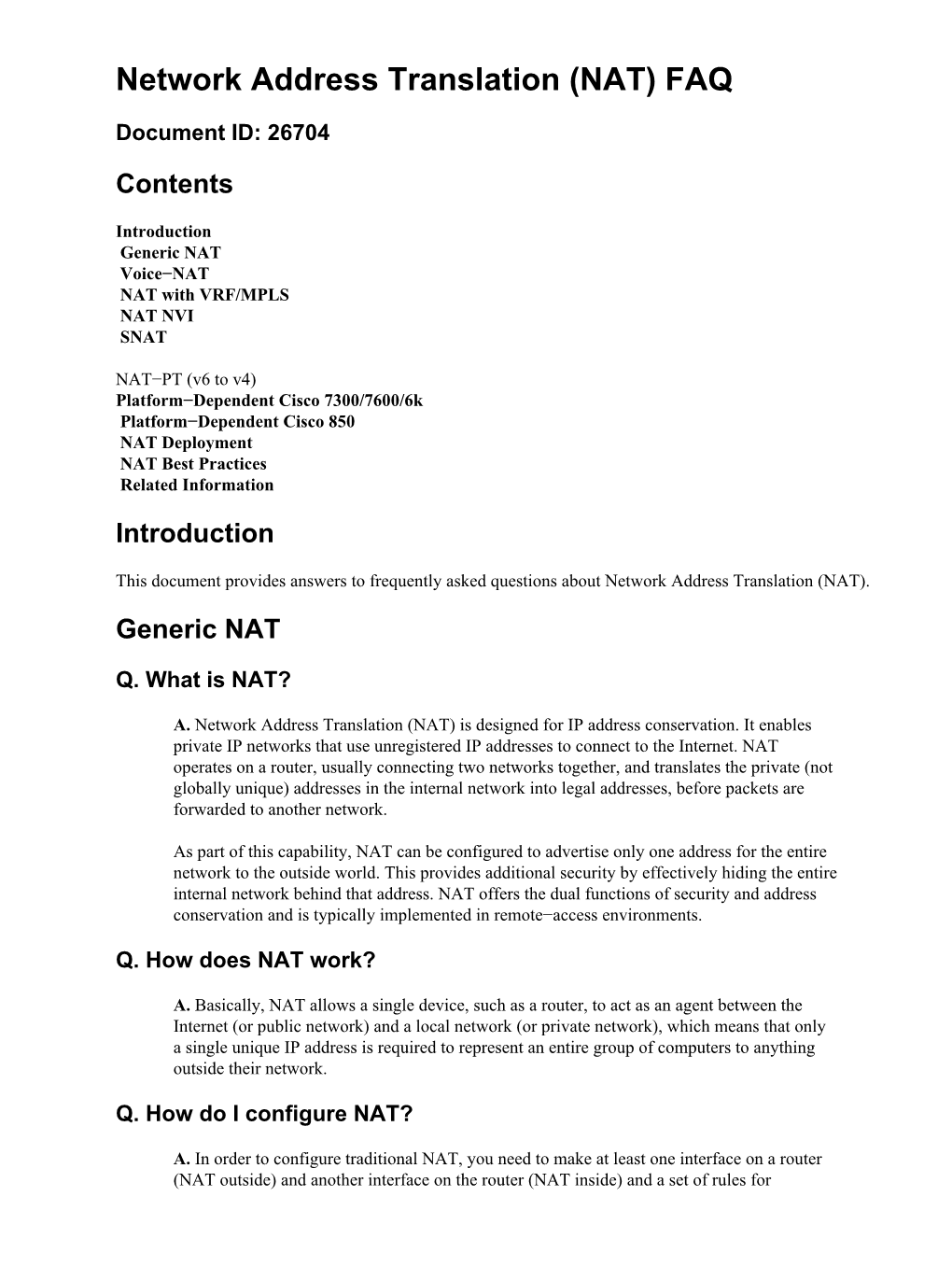 Network Address Translation (NAT) FAQ