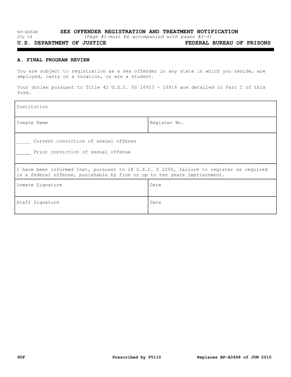 SEX OFFENDER REGISTRATION and TREATMENT NOTIFICATION JUL 14 (Page #1–Must Be Accompanied with Pages #2-4) U.S